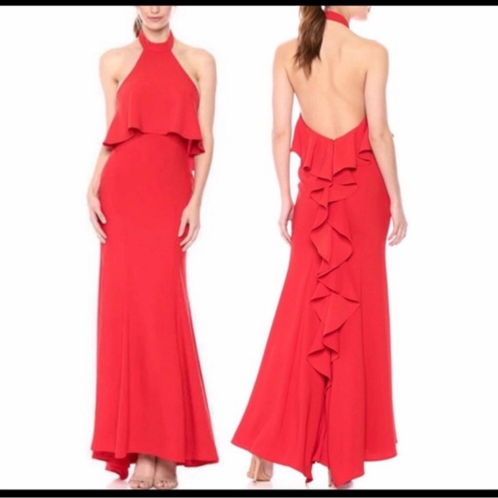 Xscape Popover Halter Red Backless ruffle Dress